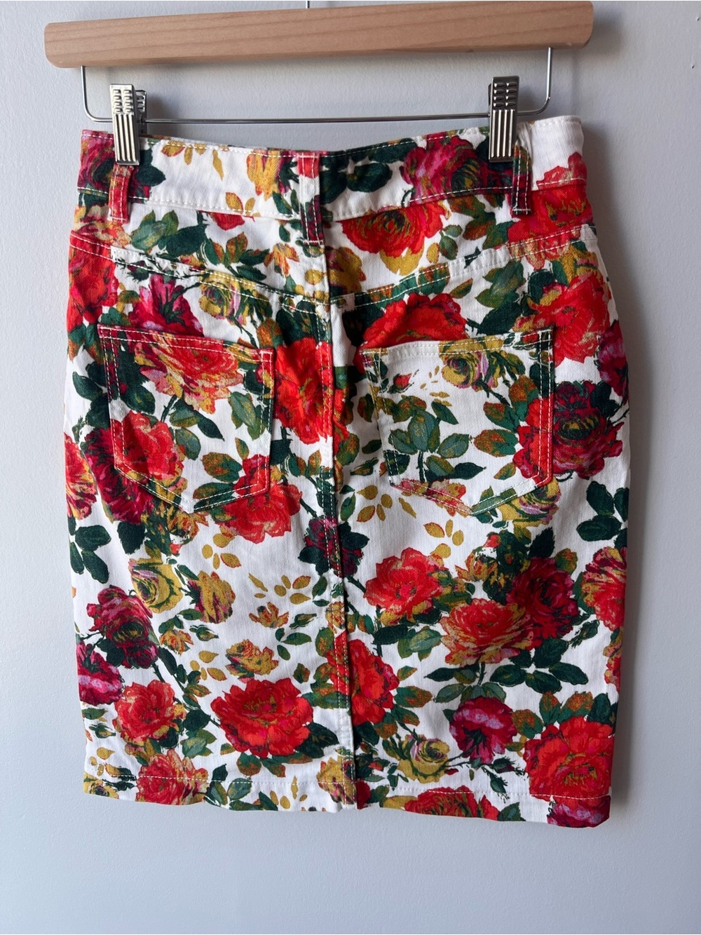 Anthropology Maeve Floral Denim Pencil Skirt in White with Red & Green Bloom - Picture 3 of 6